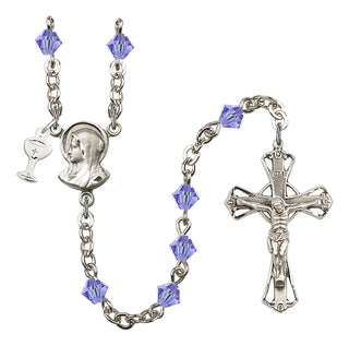 Silver Plated 5mm Austrian Crystal Madonna Mary Rosary in Light Sapphire