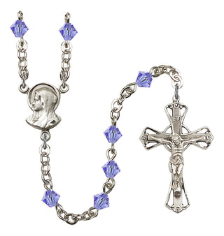Silver Plated 5mm Austrian Crystal Madonna Mary Rosary in Light Sapphire