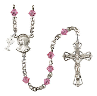 Silver Plated 5mm Austrian Crystal Madonna Mary Rosary in Rose