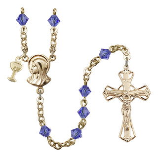 Gold Plated 5mm Austrian Crystal Madonna Mary Rosary in Sapphire