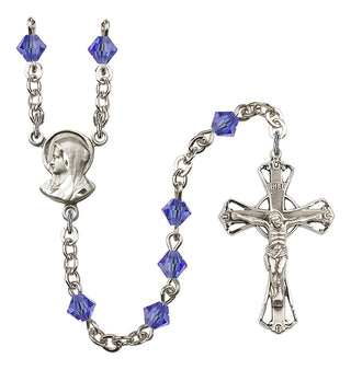 Silver Plated 5mm Austrian Crystal Madonna Mary Rosary in Sapphire