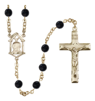 14 Karat Gold-Filled 6mm Semi-Precious Stone Madonna Mary/ Sacred Heart Rosary in Black Onyx