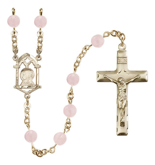 14 Karat Gold 6mm Semi-Precious Stone Madonna Mary/ Sacred Heart Rosary in Pink