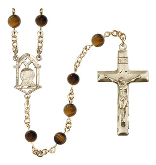 14 Karat Gold 6mm Semi-Precious Stone Madonna Mary/ Sacred Heart Rosary in Tiger Eye