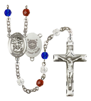 Silver Plated 6mm Fire Polished Saint Michael / Coast Guard Rosary in Red/White/Blue