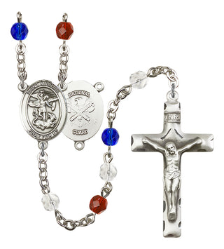 Silver Plated 6mm Fire Polished Saint Michael / Nat'l Guard Rosary in Red/White/Blue