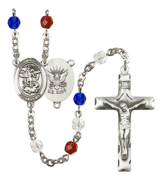Silver Plated 6mm Fire Polished Saint Michael / Navy Rosary in Red/White/Blue