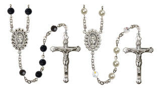 Silver Plate 6mm Black Onyx Rosary and 6mm Austrian Creamrose Pearl Rosary Set