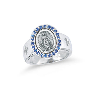 Sterling Silver Miraculous Medal Sapphire Cubic Zircon Ring Size 5
