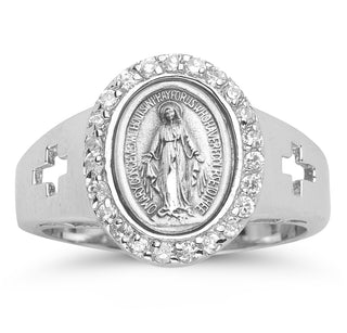 Sterling Silver Miraculous Medal Crystal Cubic Zircon Ring Size 5