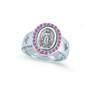 Sterling Silver Miraculous Medal Pink Cubic Zircon Ring Size 5