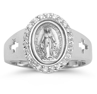 Sterling Silver Miraculous Medal Crystal Cubic Zircon Ring Size 6