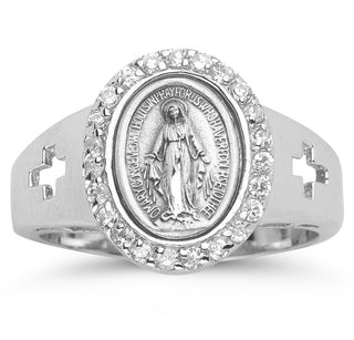 Sterling Silver Miraculous Medal Crystal Cubic Zircon Ring Size 7