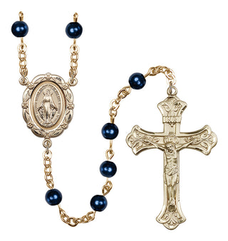Gold Plated 6mm Austrian Crystal, Faux Pearl Miraculous Rosary in Blue