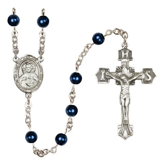 Sterling Silver 6mm Austrian Crystal, Faux Pearl Scapular Rosary in blue