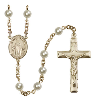 14 Karat Gold 6mm Austrian Crystal, Imitation Cream Rose Our Lady of Peace Rosary