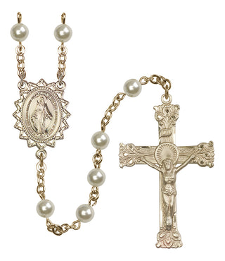 14 Karat Gold 6mm Austrian Crystal, Faux Pearl Miraculous Rosary in Cream rose
