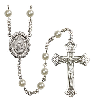 Silver Plated 6mm Austrian Crystal, Faux Pearl Miraculous Rosary in Cream Rose