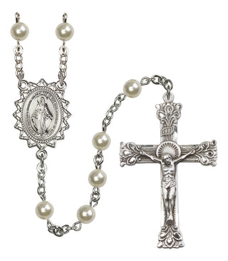Sterling Silver 6mm Austrian Crystal, Faux Pearl Miraculous Rosary in Cream rose