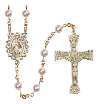 14 Karat Gold-Filled 6mm Austrian Crystal, Faux Pearl Miraculous Rosary in Rose