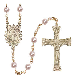 14 Karat Gold 6mm Austrian Crystal, Faux Pearl Miraculous Rosary in Rose