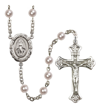 Silver Plated 6mm Austrian Crystal, Faux Pearl Miraculous Rosary in Rose
