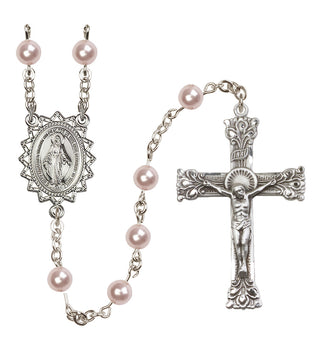 Sterling Silver 6mm Austrian Crystal, Faux Pearl Miraculous Rosary in Rose