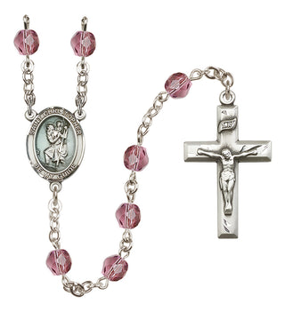Hand Made Silver Plate Rosary with 6mm Fire Polished Amethyst Beads featuring a Saint Christopher Center.