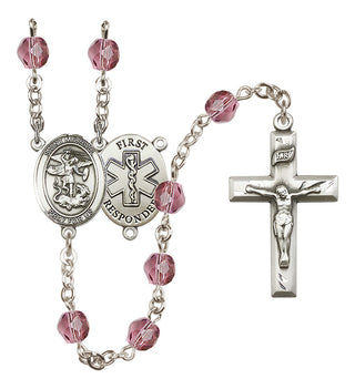 Silver Plated 6mm Fire Polished Saint Michael/1St Responder Rosary in Amethyst