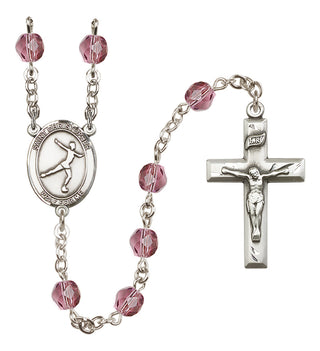 Hand Made Silver Plate Rosary with 6mm Fire Polished Amethyst Beads featuring a Saint Christopher/Figure Skating Center.
