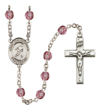 Silver Plated 6mm Fire Polished Saint Christopher/Soccer Rosary in Amethyst