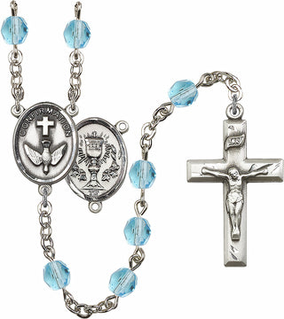 Hand Made Silver Plate Rosary with 6mm Fire Polished Aqua Beads featuring a 2-Sided Chalice / Confirmation Center