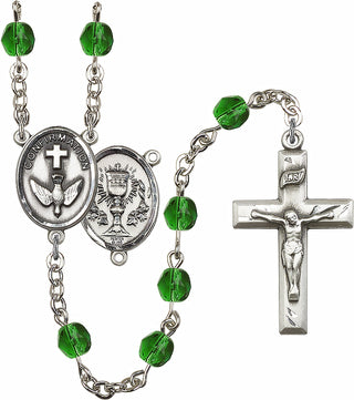 Hand Made Silver Plate Rosary with 6mm Fire Polished Emerald Beads featuring a 2-Sided Chalice / Confirmation Center