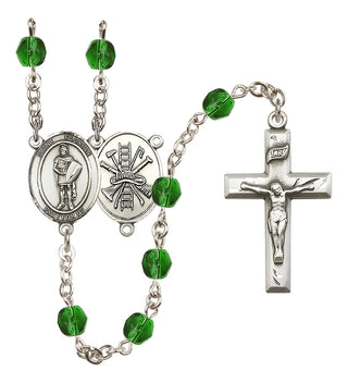Silver Plated 6mm Fire Polished Saint Florian/Firefighter Rosary in Emerald