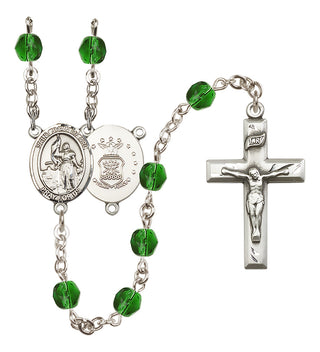 Silver Plated 6mm Fire Polished Saint Joan of Arc / Air Force Rosary in Emerald
