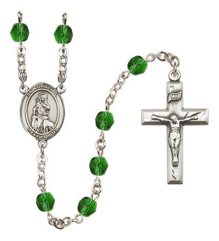 Silver Plated 6mm Fire Polished Saint Rachel Rosary in Emerald