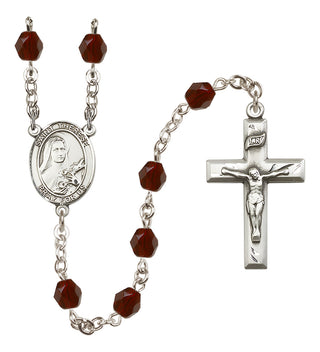 Silver Plated 6mm Fire Polished Saint Therese of Lisieux Rosary in Garnet