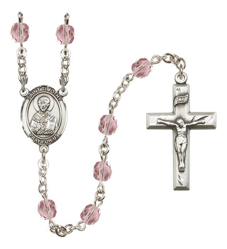 Silver Plated 6mm Fire Polished Saint Timothy Rosary in Light Amethyst