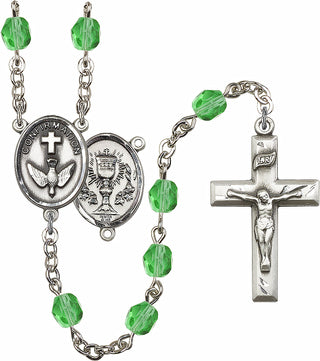 Hand Made Silver Plate Rosary with 6mm Fire Polished Peridot Beads featuring a 2-Sided Chalice / Confirmation Center