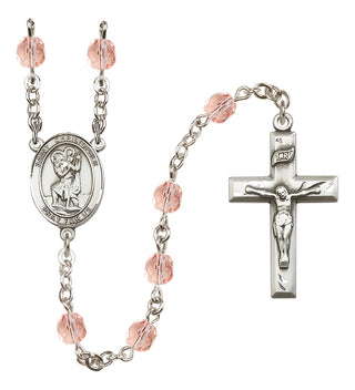 Silver Plated 6mm Fire Polished Saint Christopher Rosary in Pink