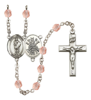 Silver Plated 6mm Fire Polished Saint Florian/Firefighter Rosary in Pink