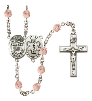 Silver Plated 6mm Fire Polished Saint Michael/1St Responder Rosary in Pink