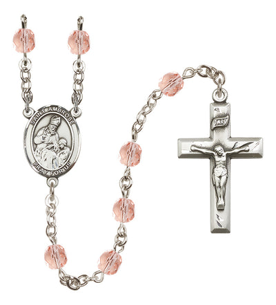 Silver Plated 6mm Fire Polished St. Ambrose Rosary in Pink
