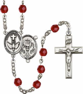 Hand Made Silver Plate Rosary with 6mm Fire Polished Ruby Beads featuring a 2-Sided Chalice / Confirmation Center