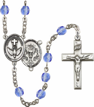 Hand Made Silver Plate Rosary with 6mm Fire Polished Sapphire Beads featuring a 2-Sided Chalice / Confirmation Center