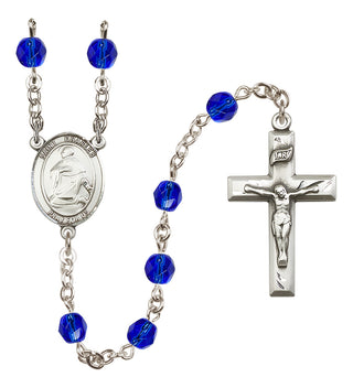Silver Plated 6mm Fire Polished Saint Charles Borromeo Rosary in Sapphire