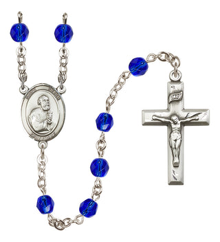 Silver Plated 6mm Fire Polished Saint Peter the Apostle Rosary in Sapphire