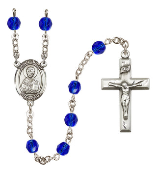 Silver Plated 6mm Fire Polished Saint Timothy Rosary in Sapphire