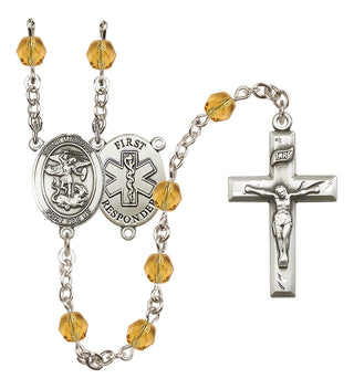 Silver Plated 6mm Fire Polished Saint Michael/1St Responder Rosary in Topaz