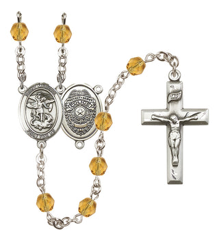 Silver Plated 6mm Fire Polished Saint Michael the Archangel/Policeman Rosary in Topaz